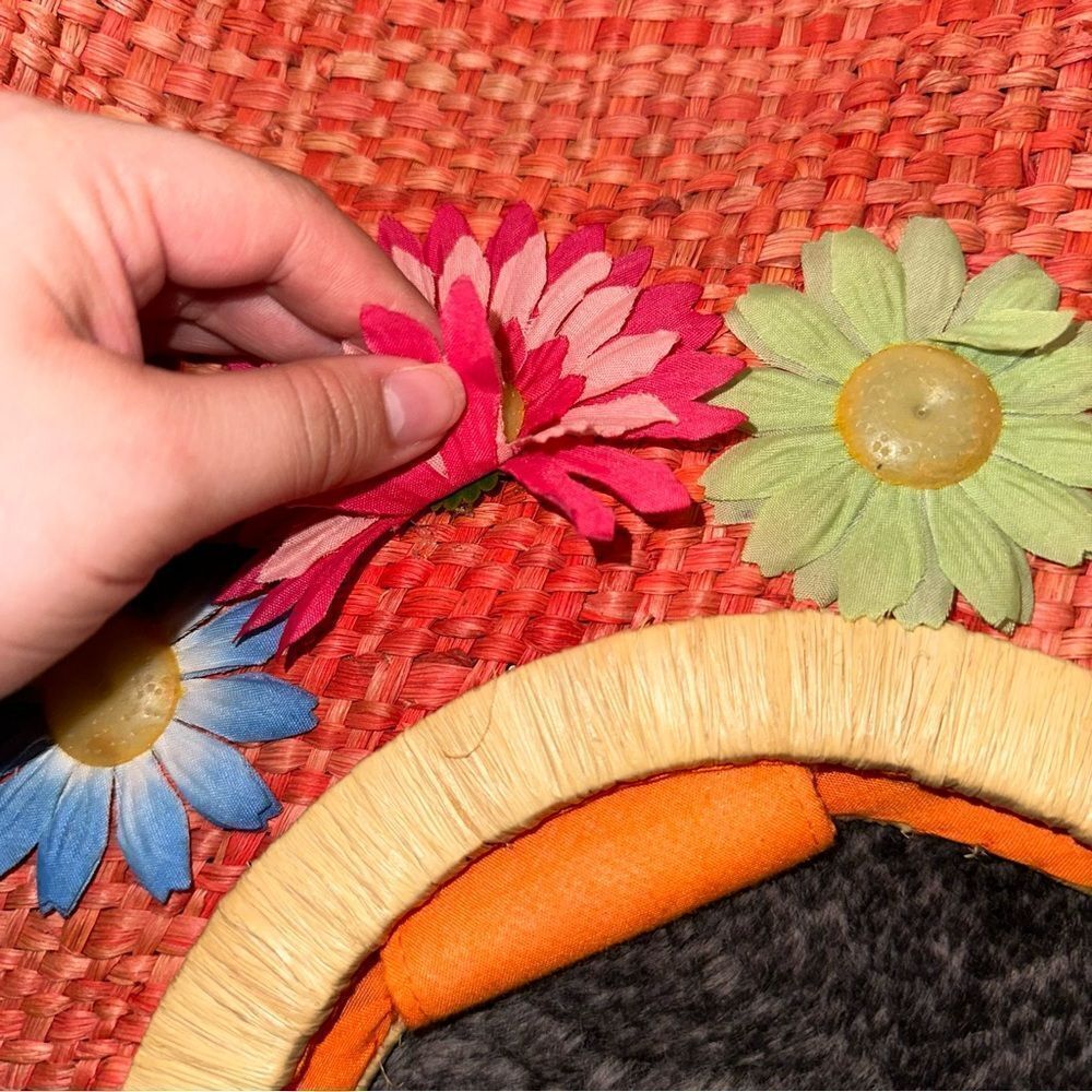VTG Marld Orange Woven Straw Floral Medium Sz Handbag Bohemian Retro Spring 90s - Picture 8 of 9